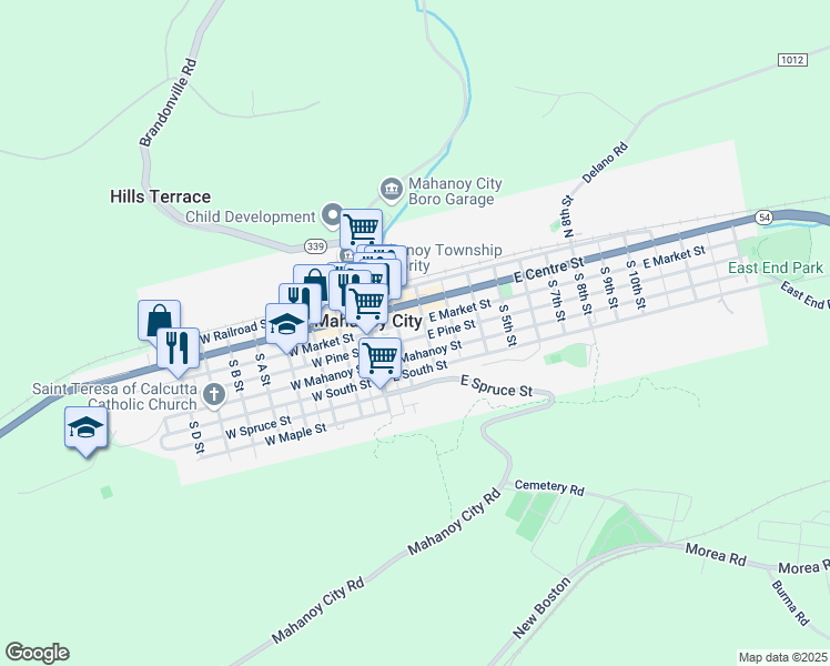 map of restaurants, bars, coffee shops, grocery stores, and more near 123 East Pine Street in Mahanoy City