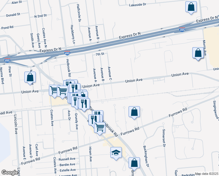 map of restaurants, bars, coffee shops, grocery stores, and more near 8 Avenue C in Holbrook
