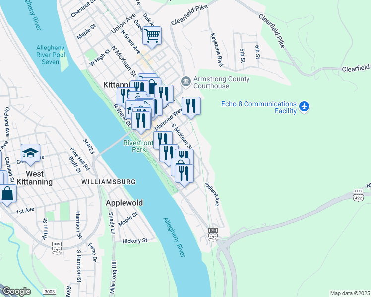 map of restaurants, bars, coffee shops, grocery stores, and more near 265 South McKean Street in Kittanning