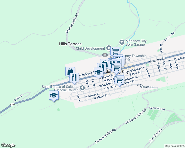 map of restaurants, bars, coffee shops, grocery stores, and more near 331 West Centre Street in Mahanoy City