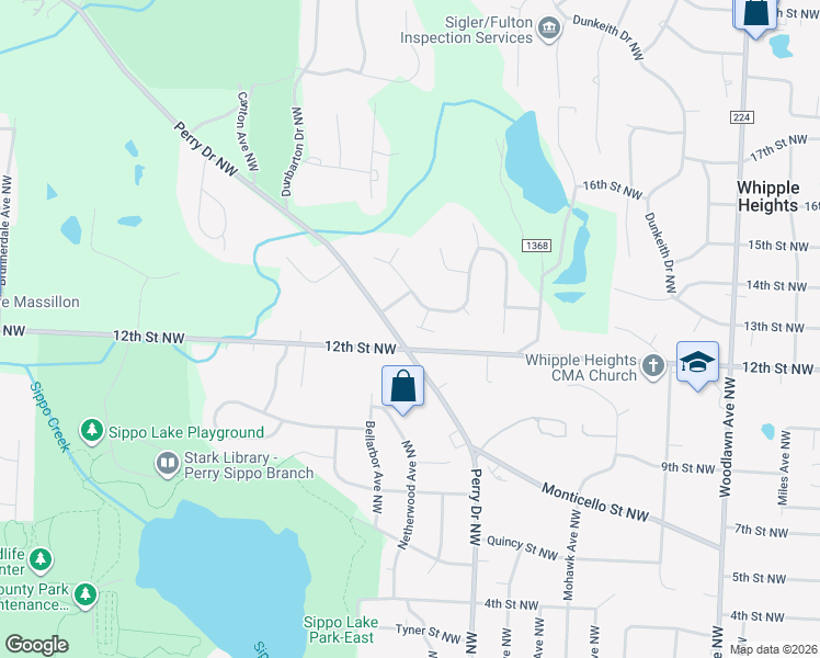 map of restaurants, bars, coffee shops, grocery stores, and more near 1217 Suffield Circle Northwest in Canton