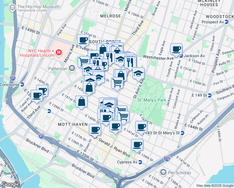 map of restaurants, bars, coffee shops, grocery stores, and more near 431 Brook Avenue in Bronx