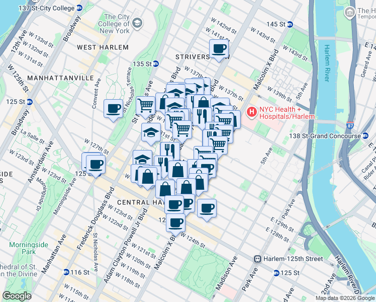 map of restaurants, bars, coffee shops, grocery stores, and more near 2201 Adam Clayton Powell Junior Boulevard in New York