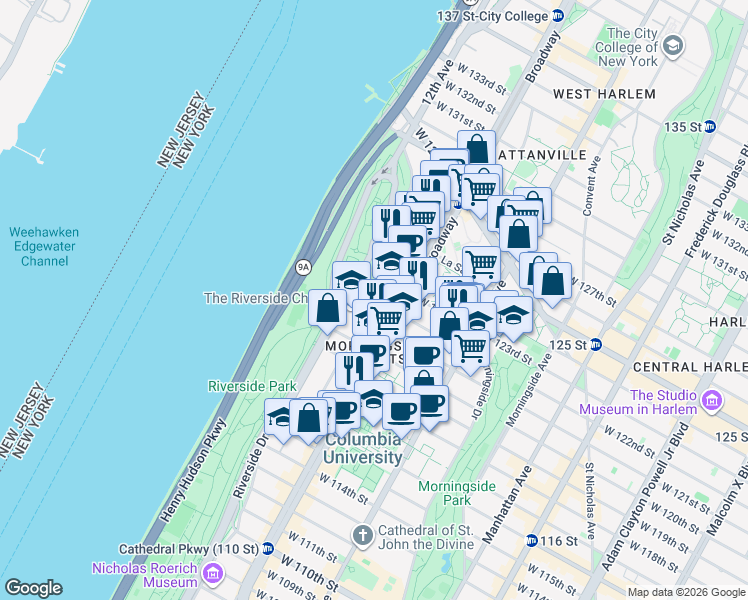map of restaurants, bars, coffee shops, grocery stores, and more near W 122nd St & Claremont Ave in New York