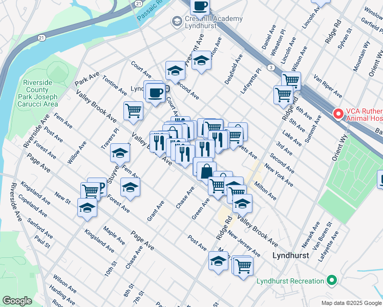map of restaurants, bars, coffee shops, grocery stores, and more near 439 Valley Brook Avenue in Lyndhurst