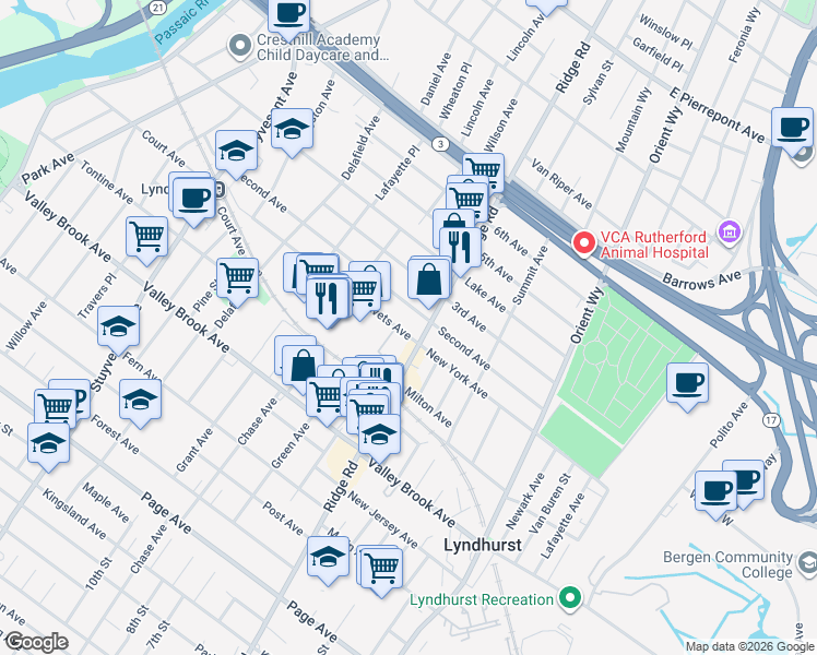 map of restaurants, bars, coffee shops, grocery stores, and more near 161 Ridge Road in Lyndhurst