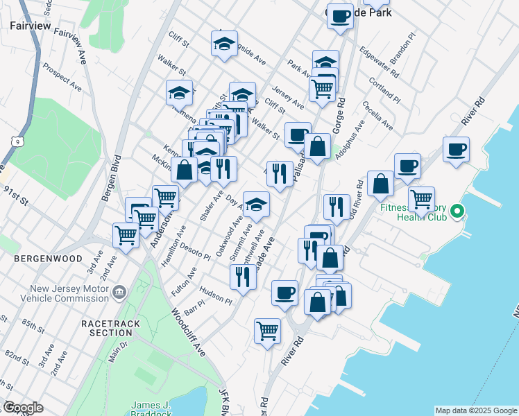 map of restaurants, bars, coffee shops, grocery stores, and more near 214 Riverview Place in Cliffside Park