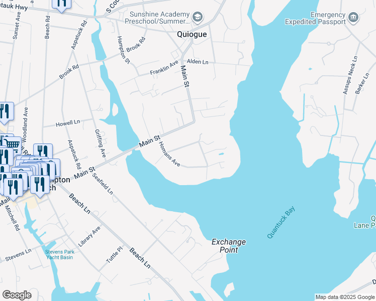 map of restaurants, bars, coffee shops, grocery stores, and more near 29 Sheppard Street in Westhampton Beach