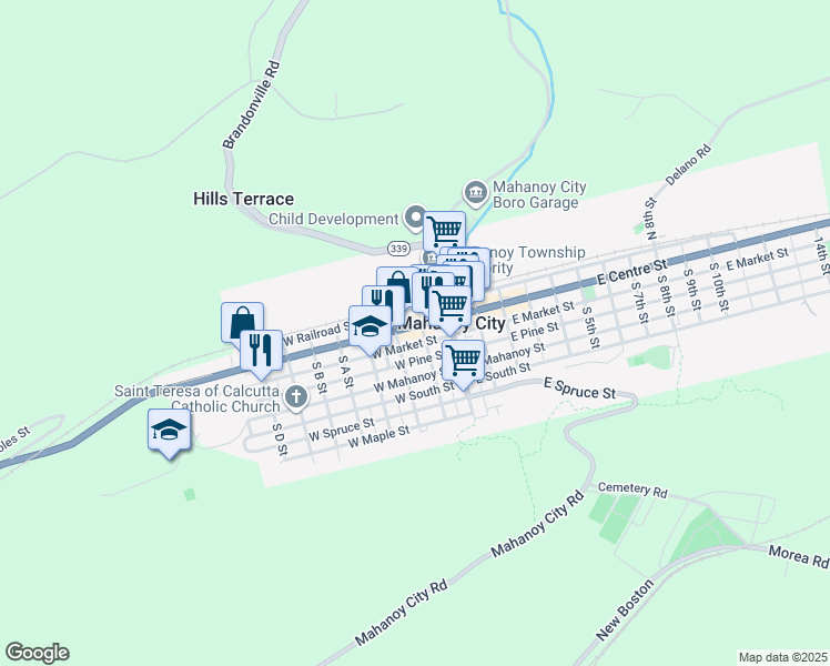 map of restaurants, bars, coffee shops, grocery stores, and more near 109 West Market Street in Mahanoy City
