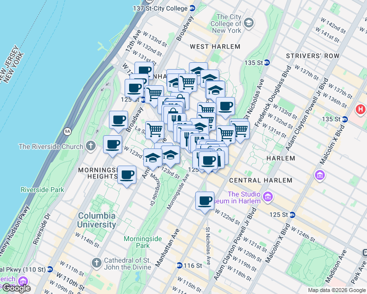 map of restaurants, bars, coffee shops, grocery stores, and more near 412 West 126th Street in New York