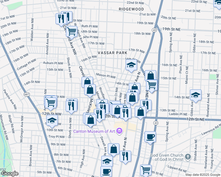 map of restaurants, bars, coffee shops, grocery stores, and more near 318 Chicago Place Northwest in Canton
