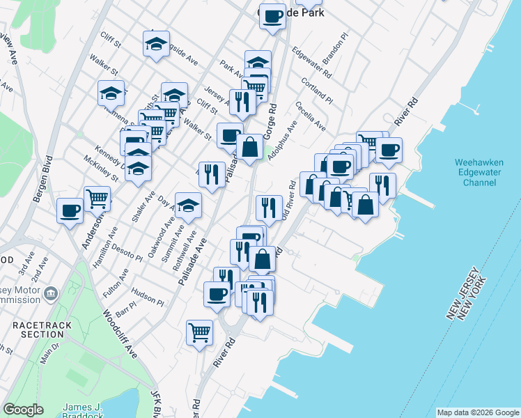 map of restaurants, bars, coffee shops, grocery stores, and more near 342 Old River Road in Edgewater