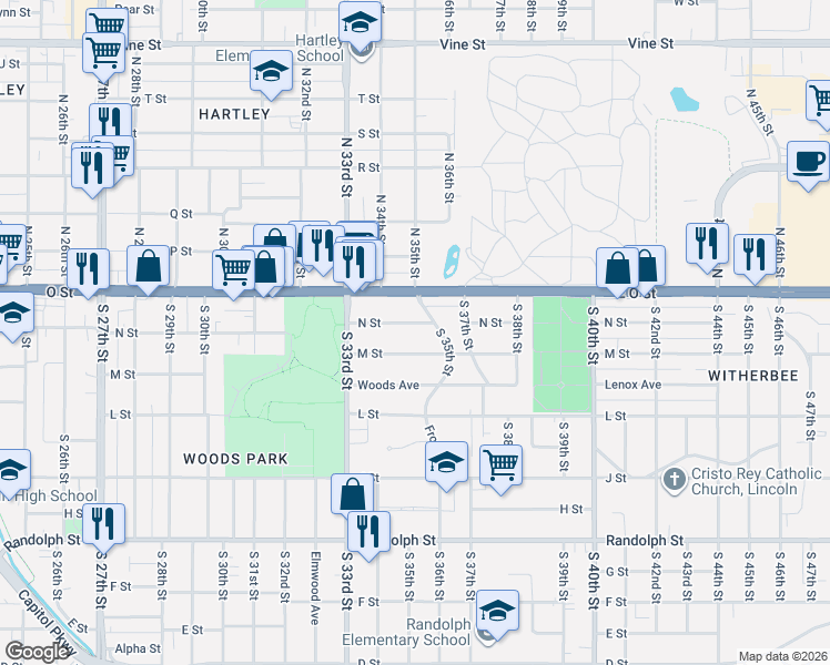 map of restaurants, bars, coffee shops, grocery stores, and more near 3442 M Street in Lincoln