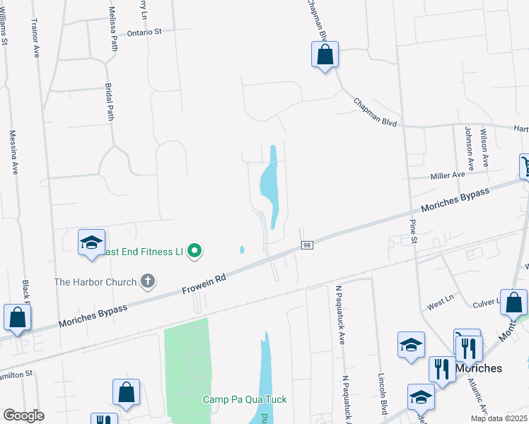 map of restaurants, bars, coffee shops, grocery stores, and more near 1 Club House Lane in East Moriches