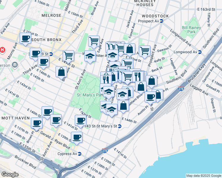 map of restaurants, bars, coffee shops, grocery stores, and more near 510 Jackson Avenue in Bronx