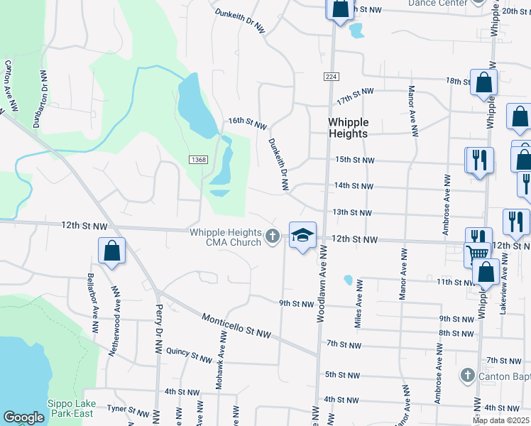 map of restaurants, bars, coffee shops, grocery stores, and more near 4911 Menlough Wood Drive Northwest in Canton