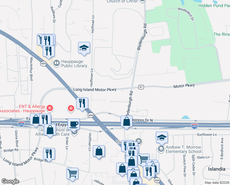 map of restaurants, bars, coffee shops, grocery stores, and more near 1482 Motor Parkway in Hauppauge
