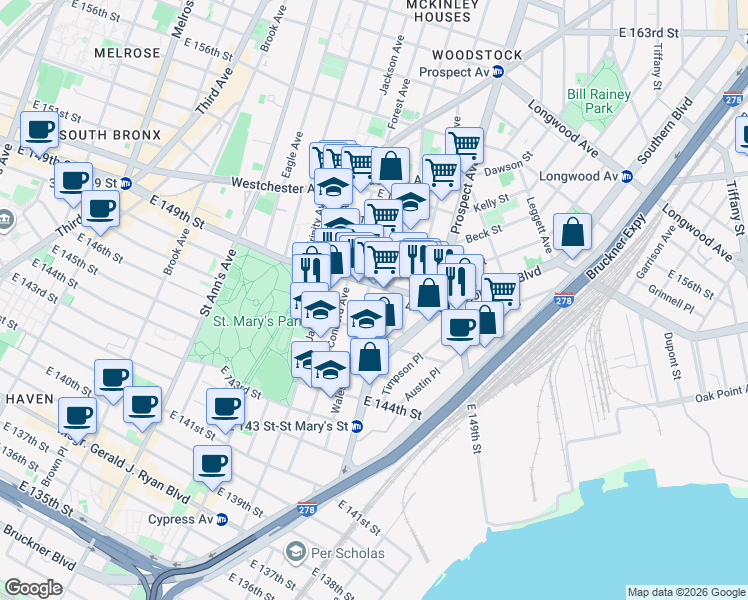 map of restaurants, bars, coffee shops, grocery stores, and more near 540 Tinton Avenue in The Bronx