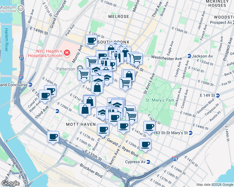 map of restaurants, bars, coffee shops, grocery stores, and more near 454 East 144th Street in Bronx