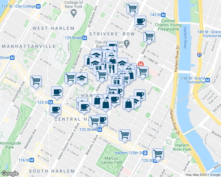 map of restaurants, bars, coffee shops, grocery stores, and more near 126 West 131st Street in New York