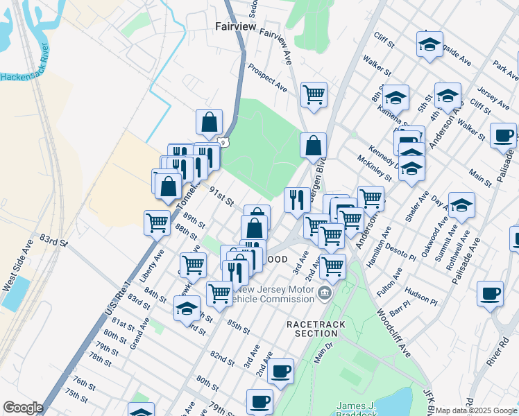 map of restaurants, bars, coffee shops, grocery stores, and more near 1212 91st Street in North Bergen