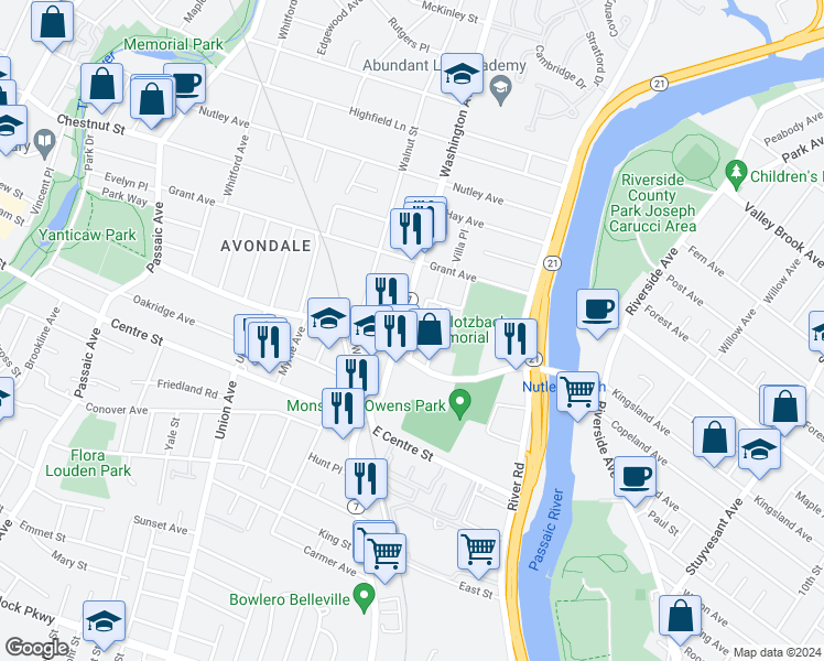 map of restaurants, bars, coffee shops, grocery stores, and more near 154 Washington Avenue in Nutley