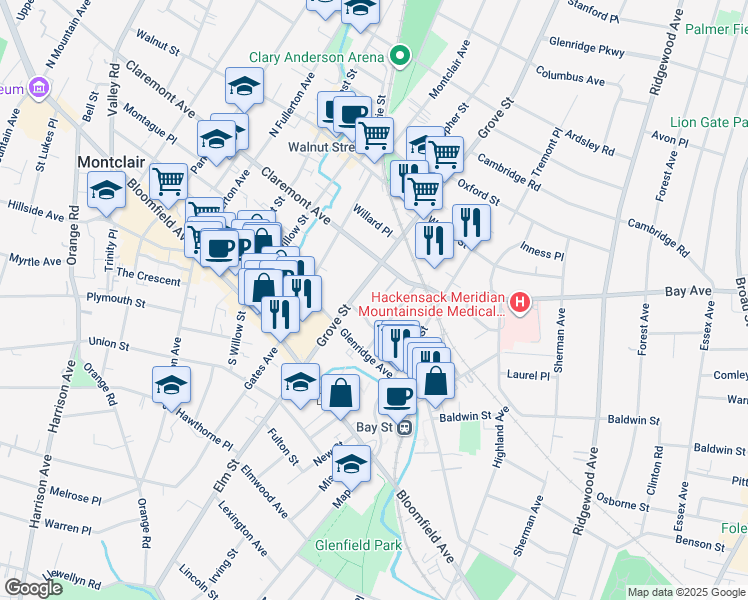map of restaurants, bars, coffee shops, grocery stores, and more near 20 Cloverhill Place in Montclair