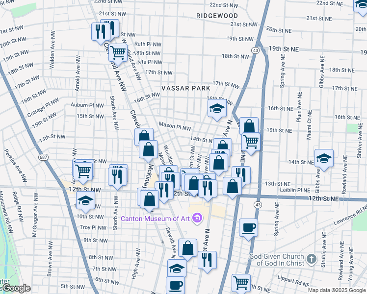 map of restaurants, bars, coffee shops, grocery stores, and more near 318 Chicago Place Northwest in Canton