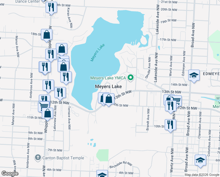 map of restaurants, bars, coffee shops, grocery stores, and more near in Meyers Lake