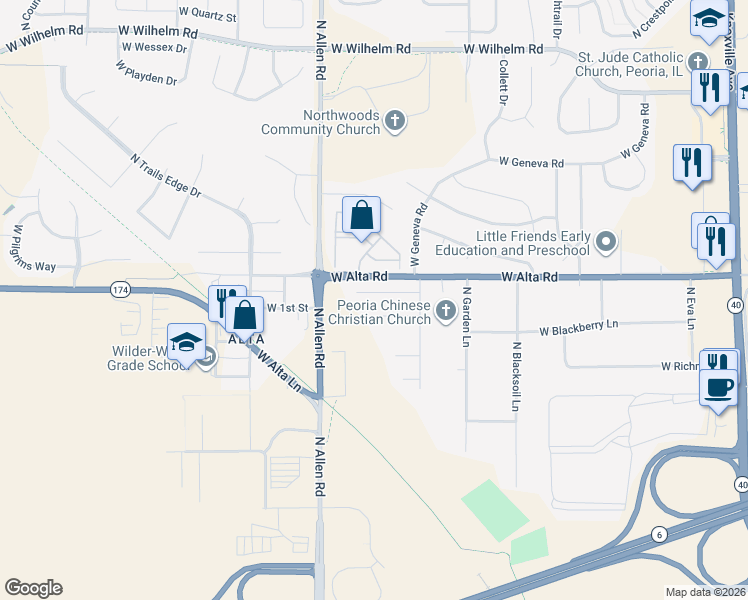 map of restaurants, bars, coffee shops, grocery stores, and more near 2305 West Paddington Court in Peoria