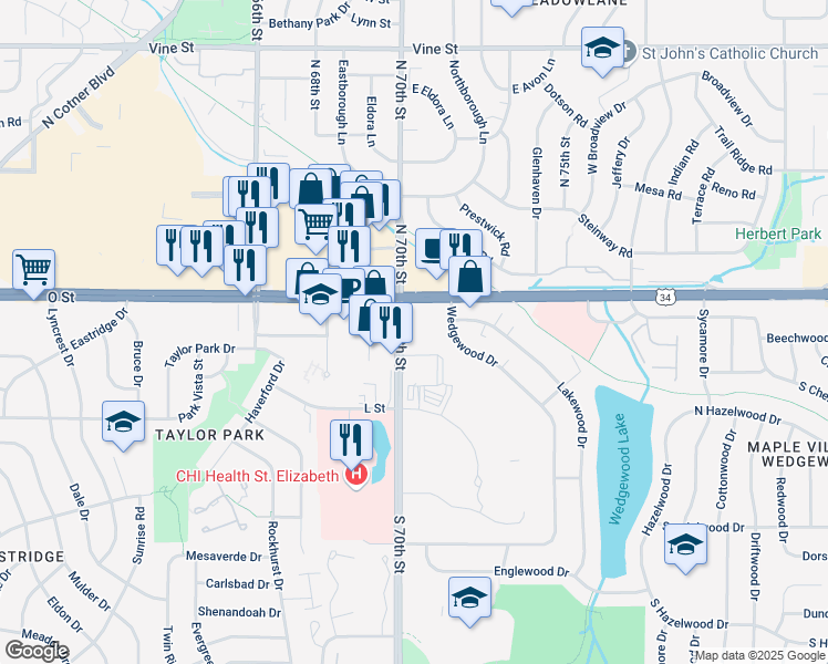 map of restaurants, bars, coffee shops, grocery stores, and more near 240 South 70th Street in Lincoln