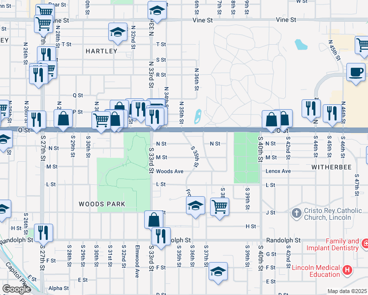 map of restaurants, bars, coffee shops, grocery stores, and more near 3442 M Street in Lincoln