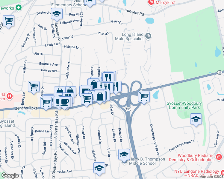 map of restaurants, bars, coffee shops, grocery stores, and more near 52 Hidden Ridge Drive in Syosset