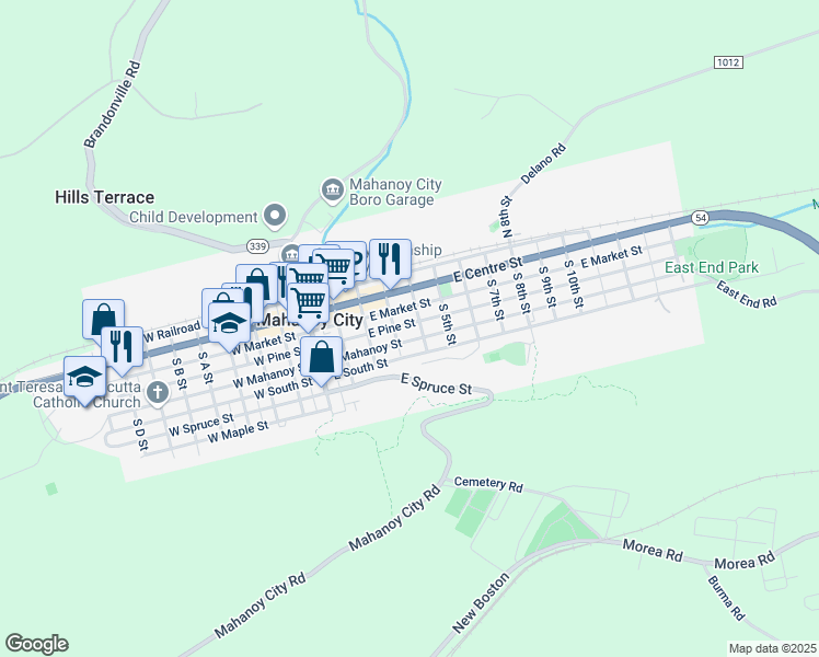 map of restaurants, bars, coffee shops, grocery stores, and more near 322 East Pine Street in Mahanoy City