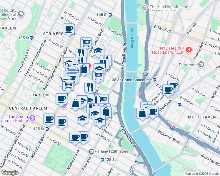 map of restaurants, bars, coffee shops, grocery stores, and more near 5 East 135th Street in New York