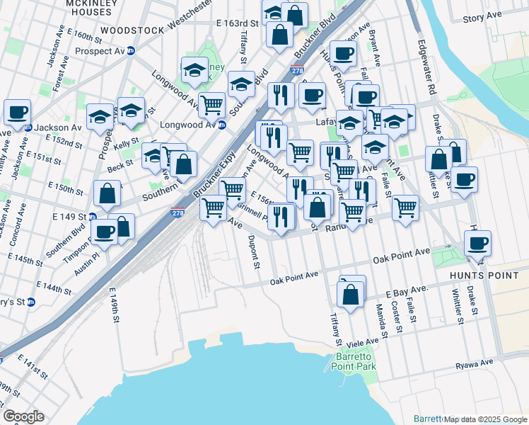 map of restaurants, bars, coffee shops, grocery stores, and more near 1179 Grinnell Place in The Bronx