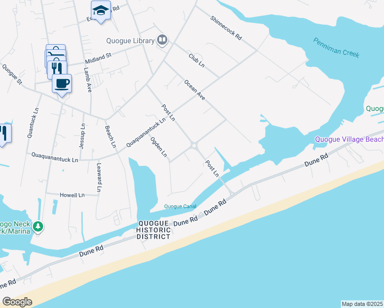 map of restaurants, bars, coffee shops, grocery stores, and more near 8 Niamogue Lane in Quogue