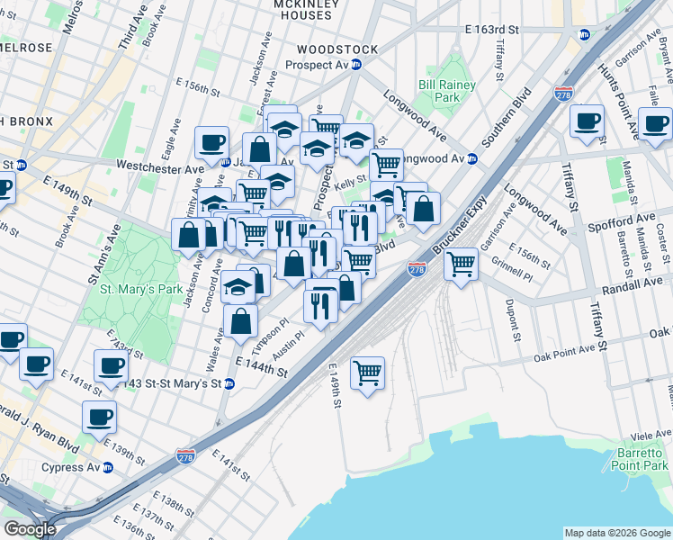 map of restaurants, bars, coffee shops, grocery stores, and more near 581 Timpson Place in Bronx