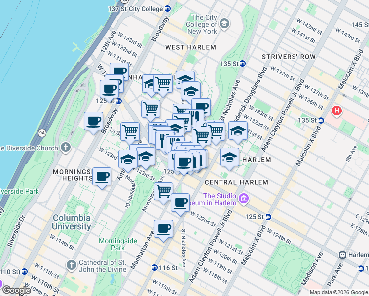 map of restaurants, bars, coffee shops, grocery stores, and more near 372 West 127th Street in New York