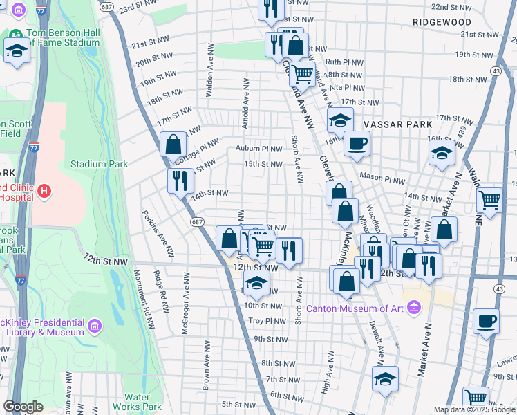 map of restaurants, bars, coffee shops, grocery stores, and more near 1109 Hoover Place Northwest in Canton