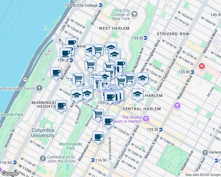 map of restaurants, bars, coffee shops, grocery stores, and more near 372 West 127th Street in New York