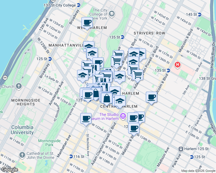 map of restaurants, bars, coffee shops, grocery stores, and more near 2377 Frederick Douglass Boulevard in New York