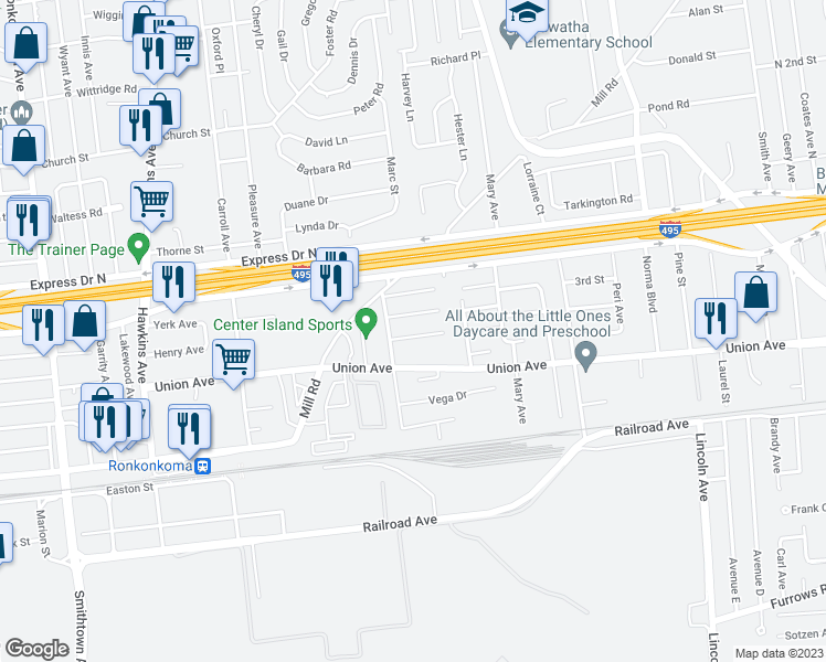 map of restaurants, bars, coffee shops, grocery stores, and more near 9 Donna Lane in Ronkonkoma