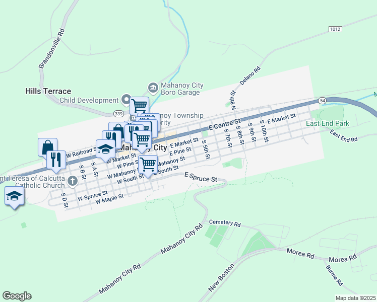 map of restaurants, bars, coffee shops, grocery stores, and more near 322 East Pine Street in Mahanoy City