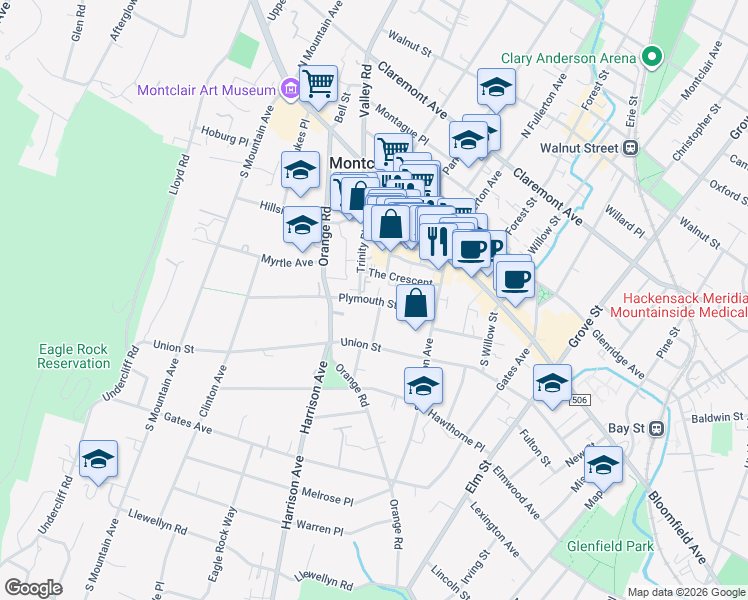 map of restaurants, bars, coffee shops, grocery stores, and more near 33 Plymouth Street in Montclair