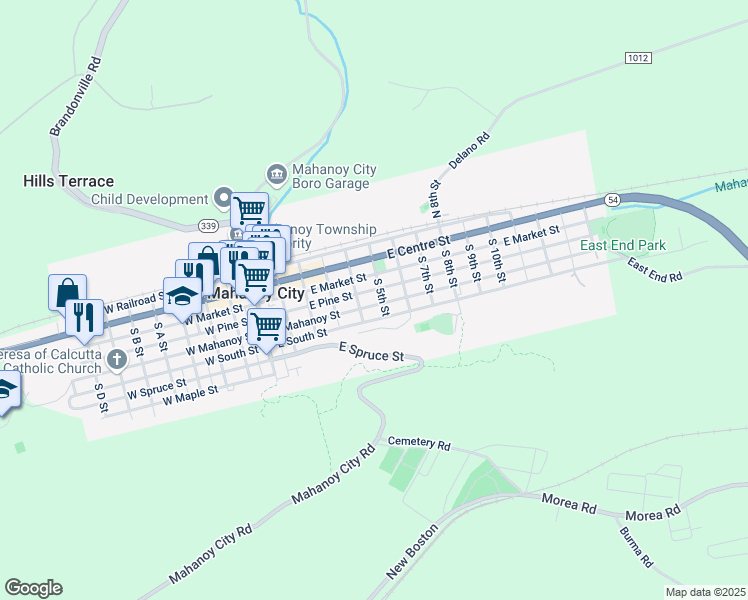 map of restaurants, bars, coffee shops, grocery stores, and more near 427 East Mahanoy Street in Mahanoy City