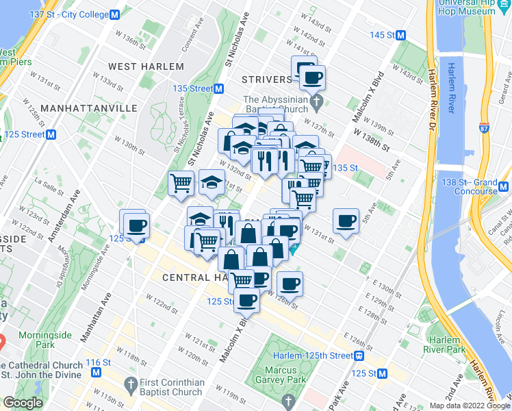map of restaurants, bars, coffee shops, grocery stores, and more near 2207 Adam Clayton Powell Junior Boulevard in New York