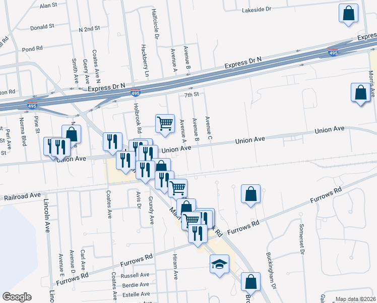 map of restaurants, bars, coffee shops, grocery stores, and more near 17 Avenue A in Holbrook