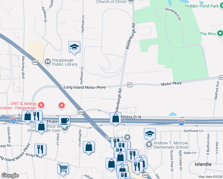 map of restaurants, bars, coffee shops, grocery stores, and more near 1488 Motor Parkway in Islandia
