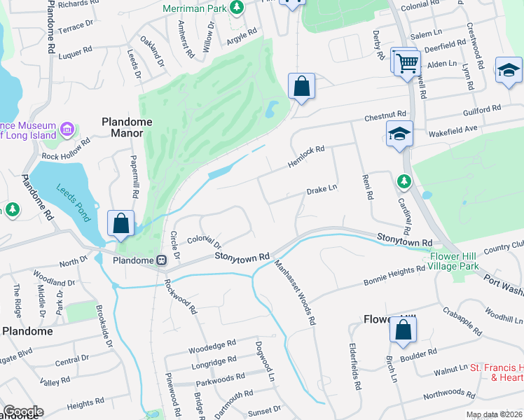 map of restaurants, bars, coffee shops, grocery stores, and more near 38 Mallard Road in Manhasset